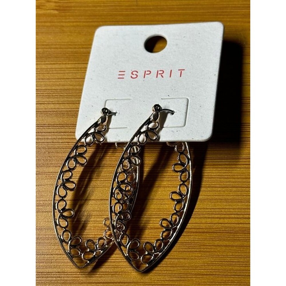 ESPRIT Gold Tone Filigree Teardrop Marquise Hoop Earrings Boho New Pair